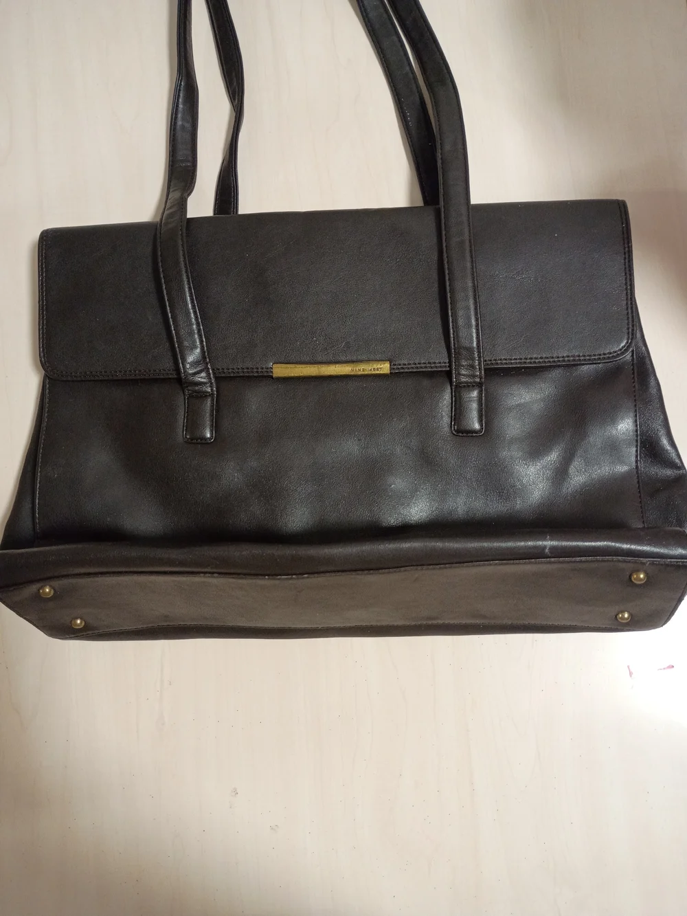 Nine West Classic Dark Brown Leather Laptop Tote Bag/Work Bag with Gold Accent